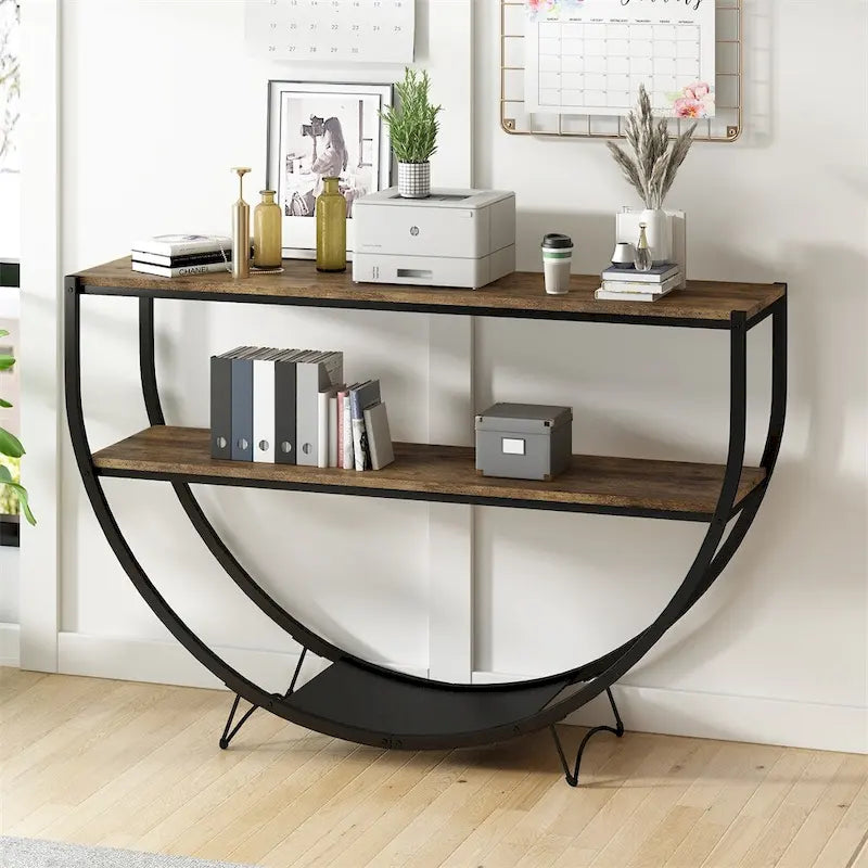 Rustic Demilune Shape Textured Metal Distressed Wood Console Table