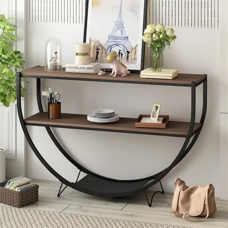 Rustic Demilune Shape Textured Metal Distressed Wood Console Table