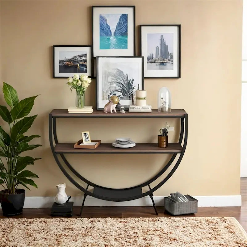 Rustic Demilune Shape Textured Metal Distressed Wood Console Table
