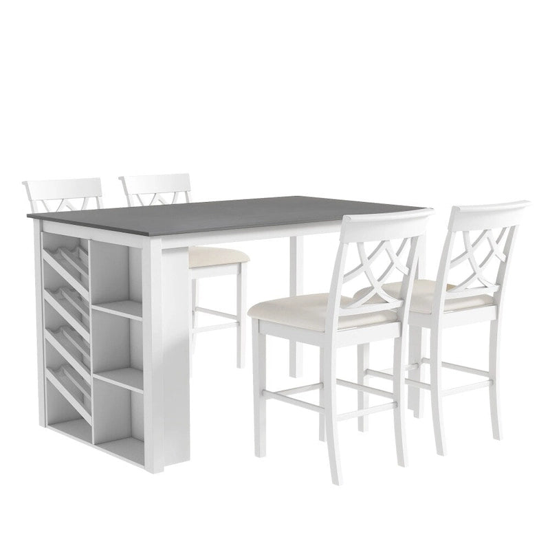 Counter Height 5-Piece Dining Set with Wine Rack, 4 Upholstered Chairs