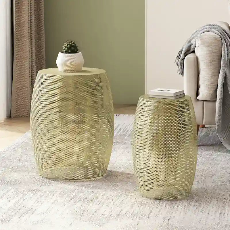 Round Metal Hollow 2 PCS Side Table Set - 16.5 L x 16.5 W x 20.75 H