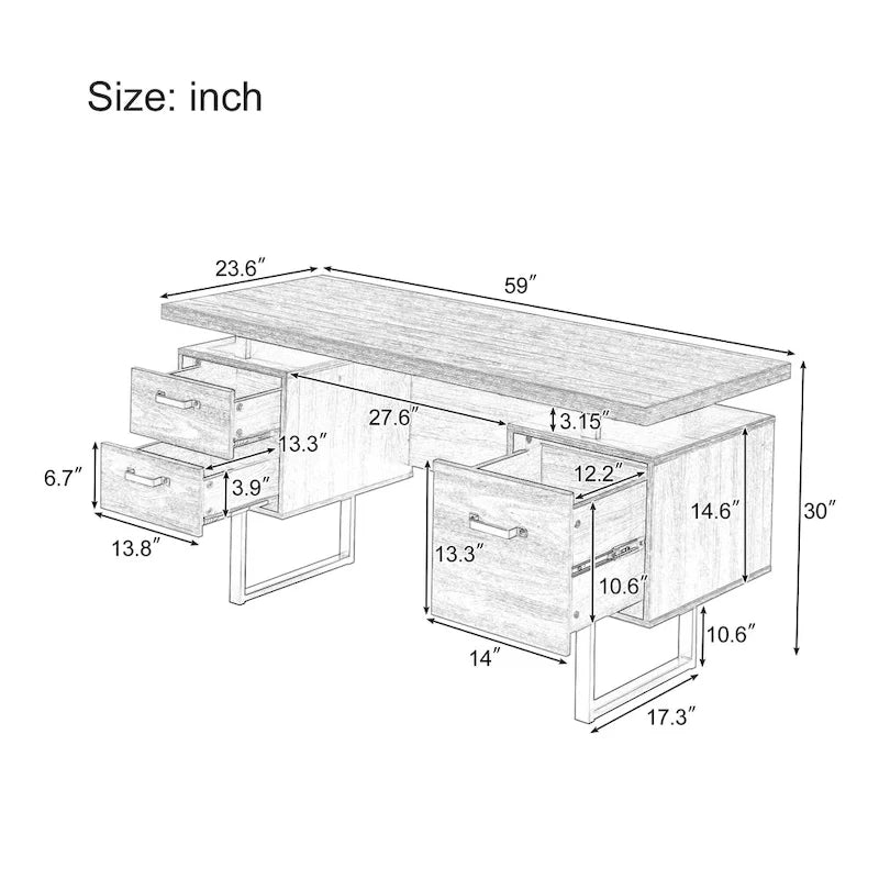 Modern Walnut Desk with 3 Drawers and Hanging File Storage and Waterproof 27 inch Surface for Home Office or Small Workspaces