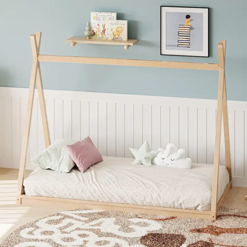 Montessori Wood Twin Tent Bed - Low-Floor House-Shaped Bed Frame for Kids/Teens - Slat-Free Design for Boys & Girls Bedrooms