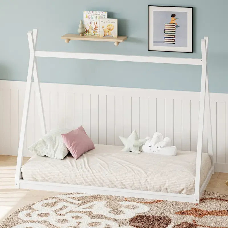 Montessori Wood Twin Tent Bed - Low-Floor House-Shaped Bed Frame for Kids/Teens - Slat-Free Design for Boys & Girls Bedrooms