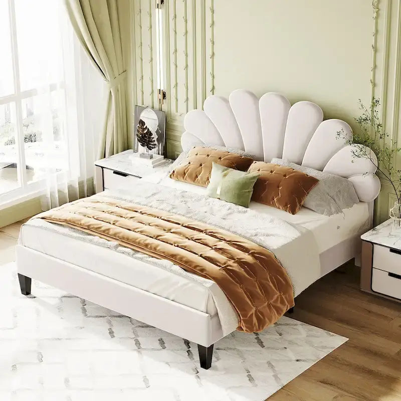 Modern Queen Size Platform Bed, Velvet Upholstered Bed Frame with Flower Pattern Headboard and Solid Wood Slats Support