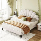 Modern Queen Size Platform Bed, Velvet Upholstered Bed Frame with Flower Pattern Headboard and Solid Wood Slats Support