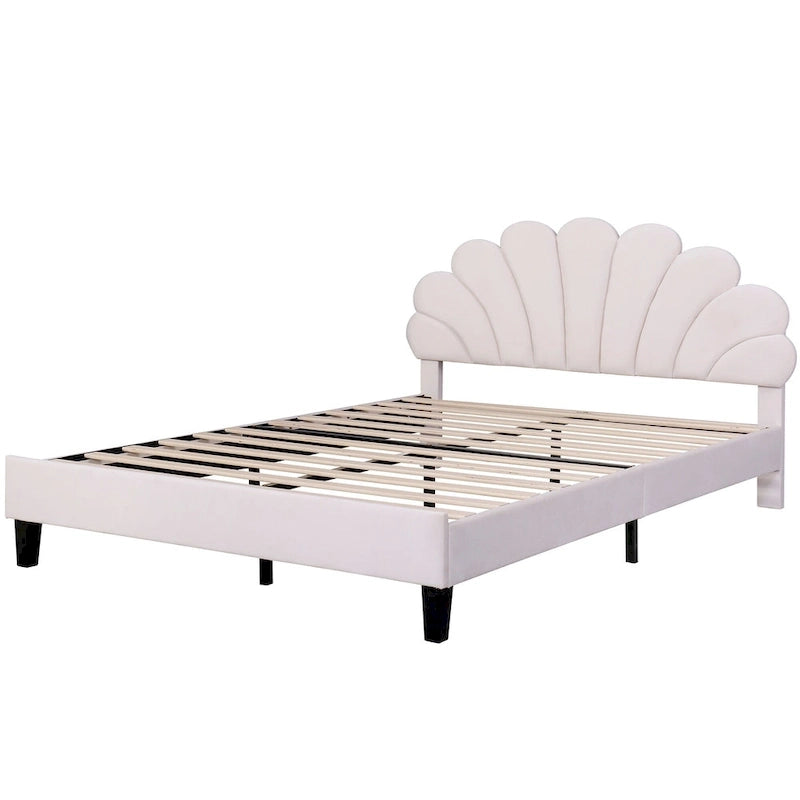 Modern Queen Size Platform Bed, Velvet Upholstered Bed Frame with Flower Pattern Headboard and Solid Wood Slats Support