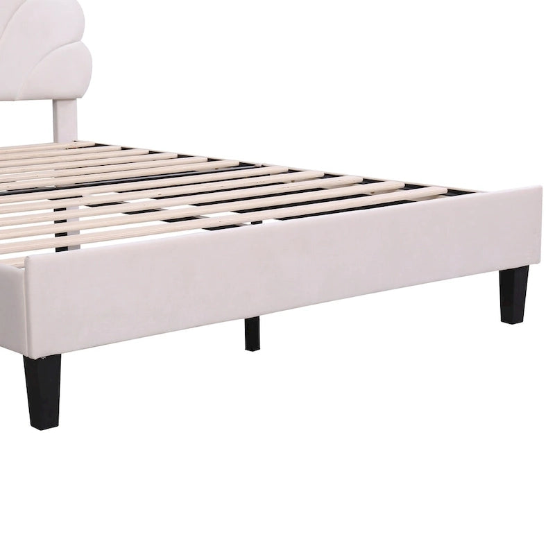 Modern Queen Size Platform Bed, Velvet Upholstered Bed Frame with Flower Pattern Headboard and Solid Wood Slats Support