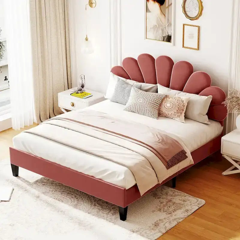 Modern Queen Size Platform Bed, Velvet Upholstered Bed Frame with Flower Pattern Headboard and Solid Wood Slats Support
