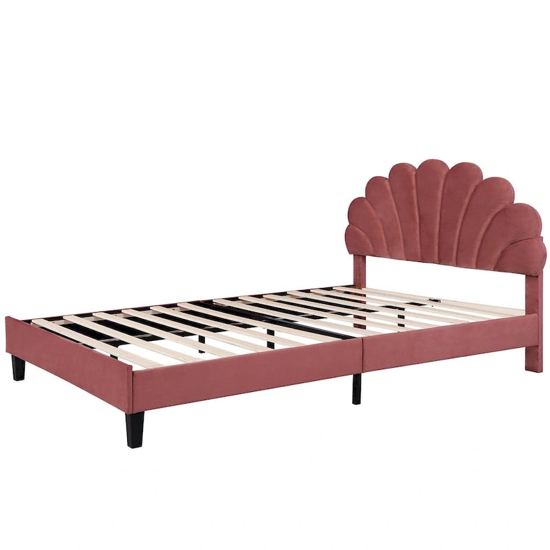 Modern Queen Size Platform Bed, Velvet Upholstered Bed Frame with Flower Pattern Headboard and Solid Wood Slats Support
