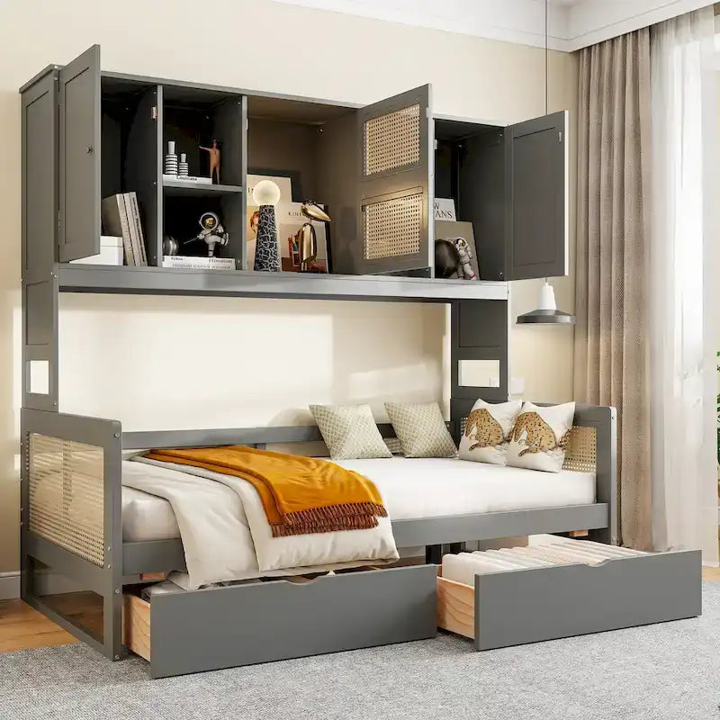 Twin Daybed with Storage Drawers, Cabinet, and Shelf, Sturdy Wood Construction