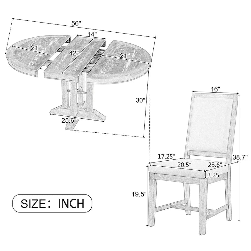 Rustic Farmhouse Dining Table and Chair Sets Extendable Round Table and Chair Sets with Adjustable Table Top for Dining Room