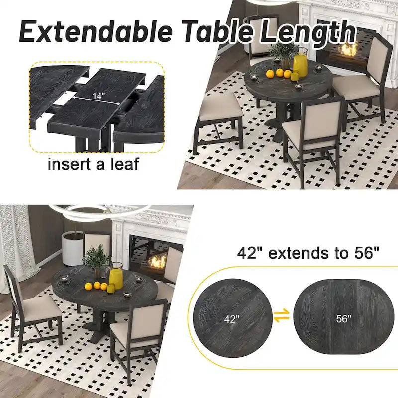 Rustic Farmhouse Dining Table and Chair Sets Extendable Round Table and Chair Sets with Adjustable Table Top for Dining Room