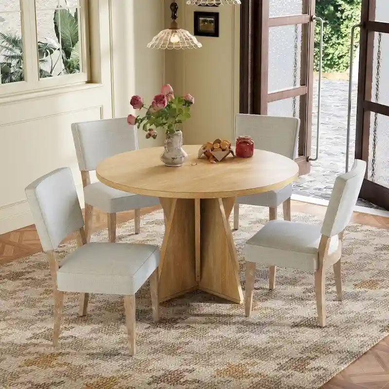 5-piece Outdoor Wooden Round Dining Set with 4 Upholstered Chairs