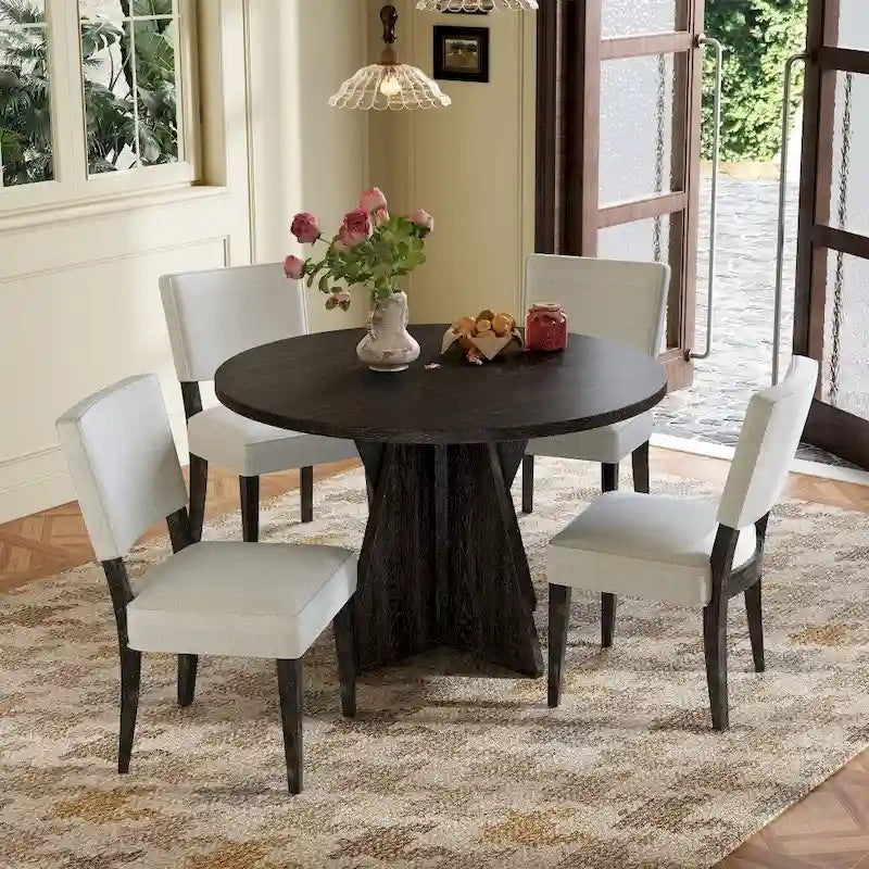 5-piece Outdoor Wooden Round Dining Set with 4 Upholstered Chairs