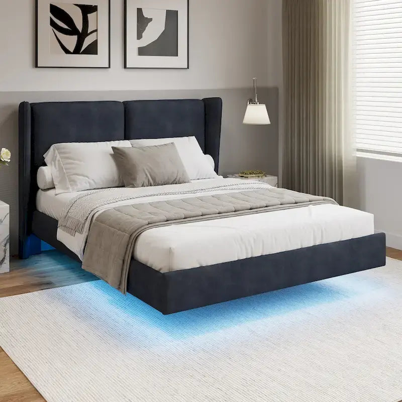 Queen Velvet Floating Platform Bed with LED Lights & 6 Storage