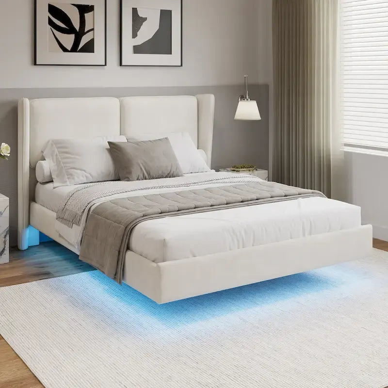 Queen Velvet Floating Platform Bed with LED Lights & 6 Storage