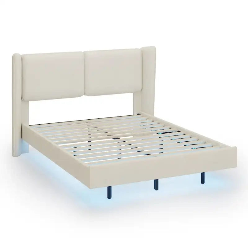 Queen Velvet Floating Platform Bed with LED Lights & 6 Storage