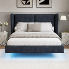 Queen Velvet Floating Platform Bed with LED Lights & 6 Storage