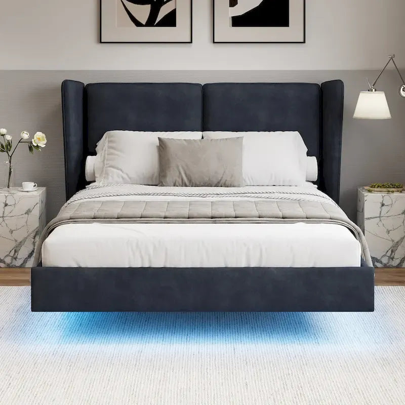 Queen Velvet Floating Platform Bed with LED Lights & 6 Storage