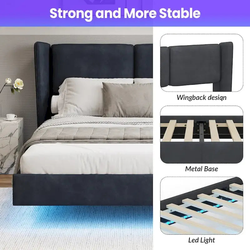 Queen Velvet Floating Platform Bed with LED Lights & 6 Storage