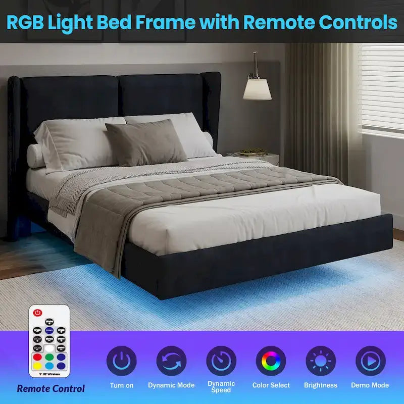 Queen Velvet Floating Platform Bed with LED Lights & 6 Storage