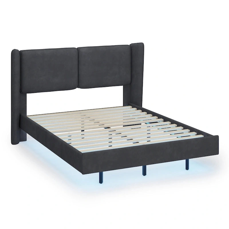 Queen Velvet Floating Platform Bed with LED Lights & 6 Storage
