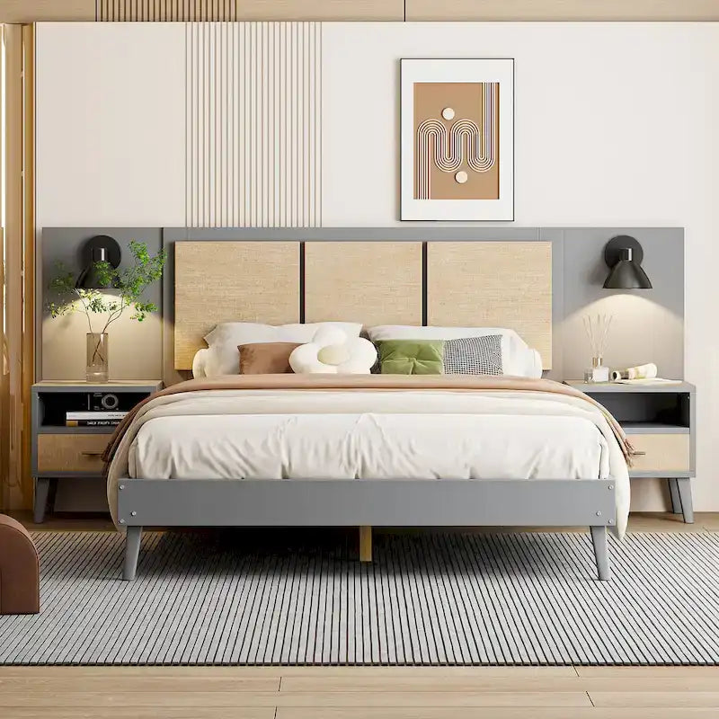 Queen Solid Wood Platform Bed with Nightstands & Headboard Lamps