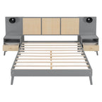 Queen Solid Wood Platform Bed with Nightstands & Headboard Lamps
