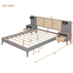 Queen Solid Wood Platform Bed with Nightstands & Headboard Lamps