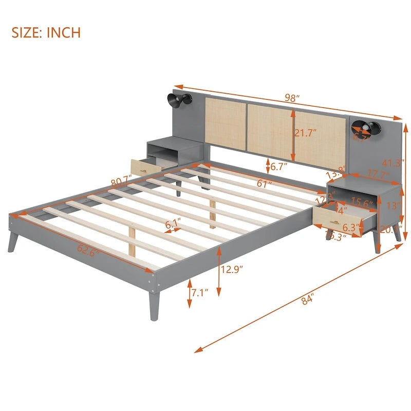 Queen Solid Wood Platform Bed with Nightstands & Headboard Lamps
