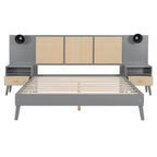 Queen Solid Wood Platform Bed with Nightstands & Headboard Lamps
