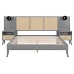 Queen Solid Wood Platform Bed with Nightstands & Headboard Lamps