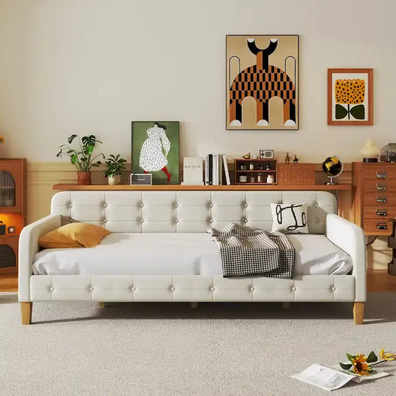 Upholstered Daybed w4 Support Legs, Button Tufting Loveseat Sofa Bed