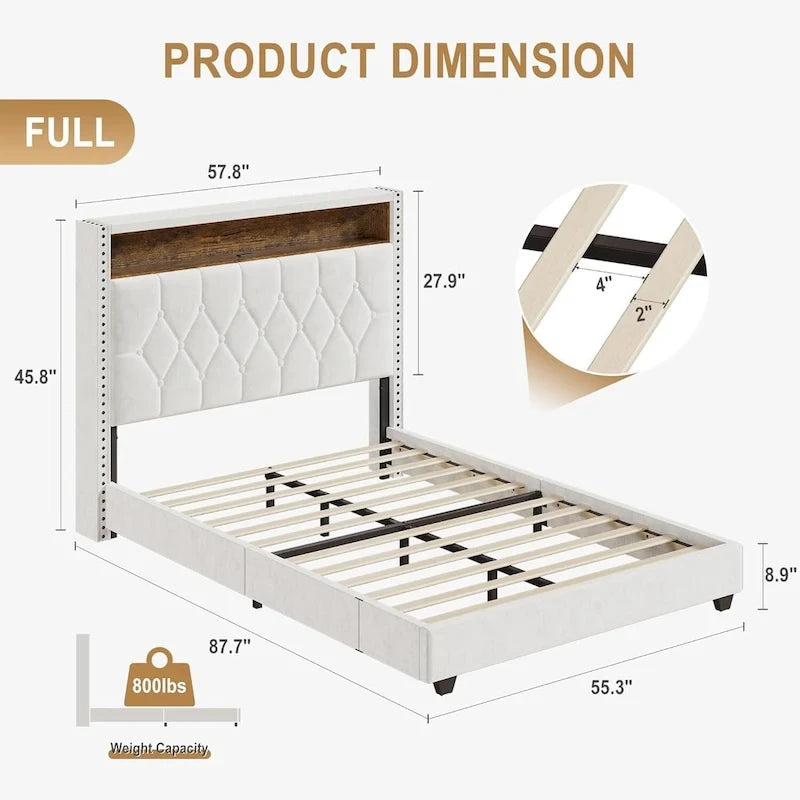 Velvet Upholstered Platform Bed Frame with Storage Headboard and Nailhead Trim Wingback