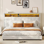 Velvet Upholstered Platform Bed Frame with Storage Headboard and Nailhead Trim Wingback
