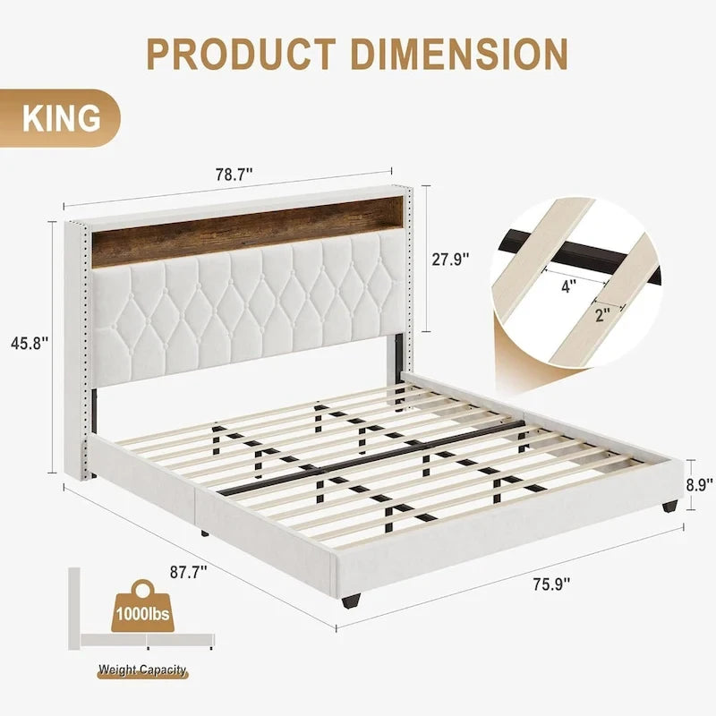 Velvet Upholstered Platform Bed Frame with Storage Headboard and Nailhead Trim Wingback