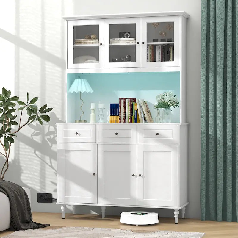 Gymax 77 Tall Kitchen Pantry Storage Cabinet with LED Lights and