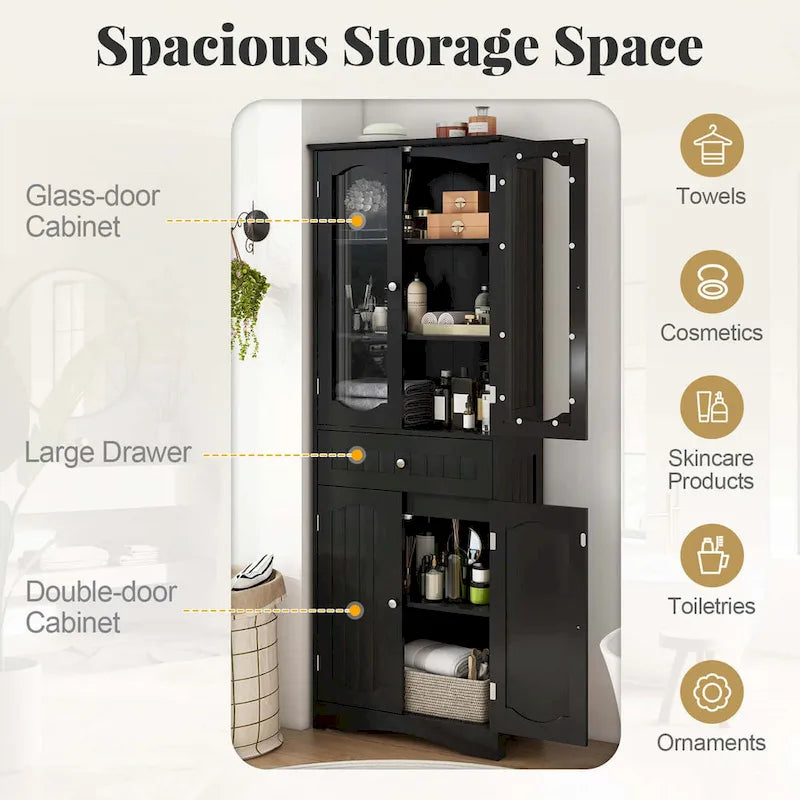 Costway 63 Tall Bathroom Cabinet with Tempered Glass Doors Adjustable - See Details