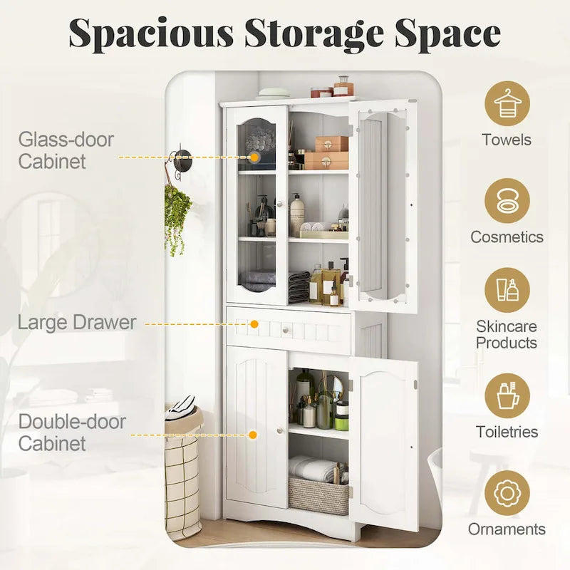 Costway 63 Tall Bathroom Cabinet with Tempered Glass Doors Adjustable - See Details