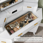 Modern Fluted Makeup Vanity Desk with 3 Way Mirror&Light, Vanity Table