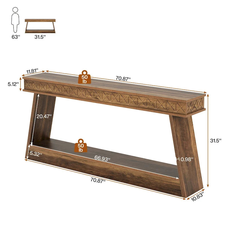 70.87-Inch Extra Long Entryway Table, 2-Tier Narrow Console Table with Storage - 70.87D x 11.81W x 31.5H