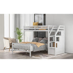 Twin Over Full Wood Loft Bed with Staircase,High Guardrails and Ladder