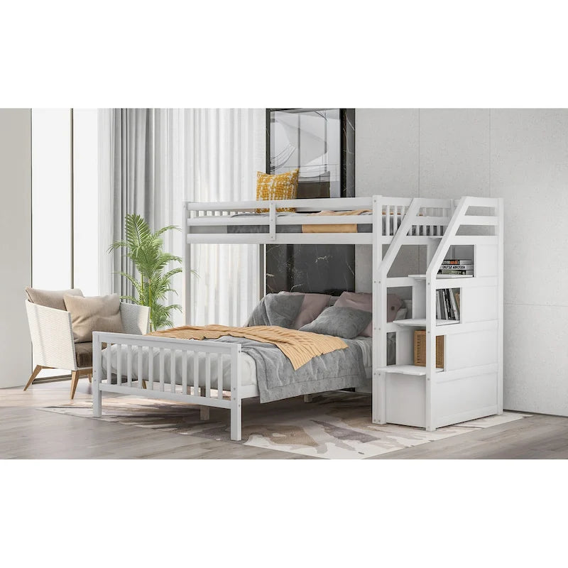 Twin Over Full Wood Loft Bed with Staircase,High Guardrails and Ladder