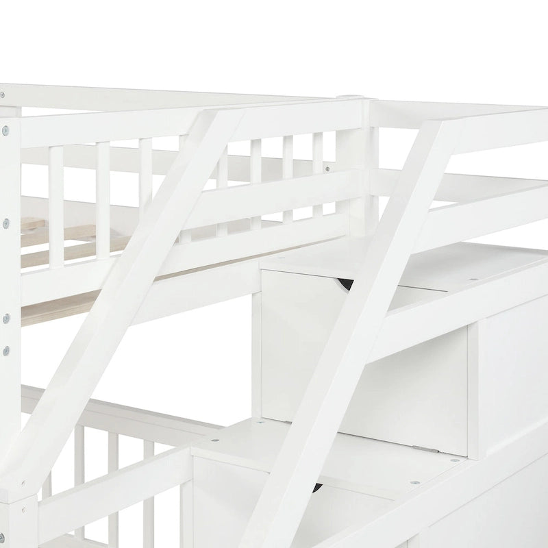 Twin Over Full Wood Loft Bed with Staircase,High Guardrails and Ladder