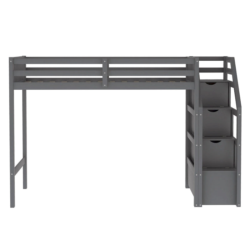 Twin Over Full Wood Loft Bed with Staircase,High Guardrails and Ladder