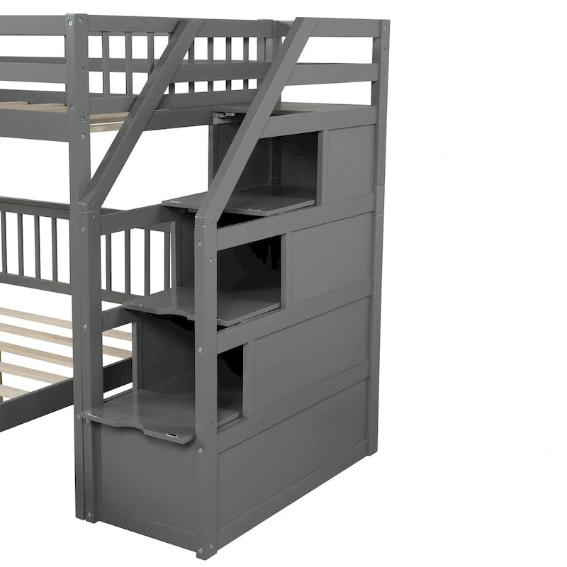 Twin Over Full Wood Loft Bed with Staircase,High Guardrails and Ladder