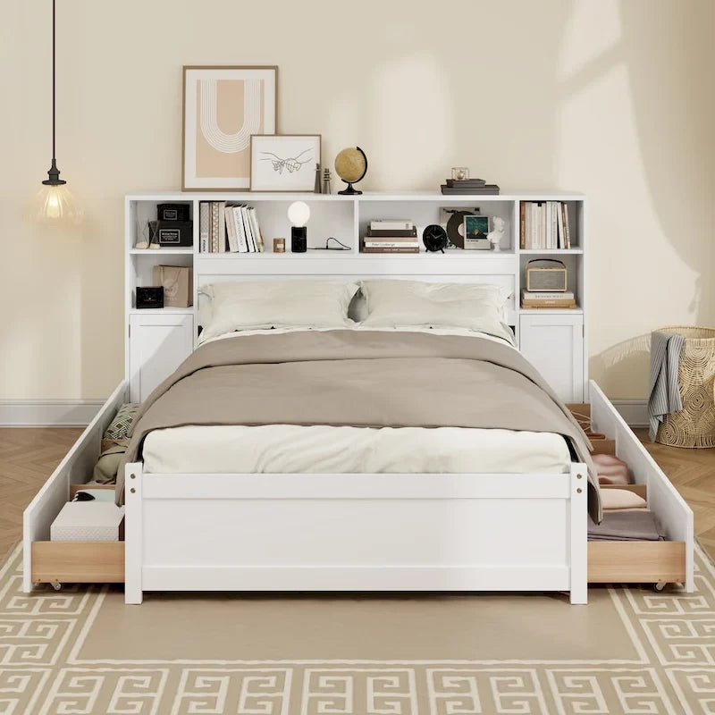 Wooden Storage Bed Bookcase Wingback Bed with Tall Bookcase Headboard, 6 Drawers and Charging Station, No Box Spring Needed