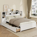 Wooden Storage Bed Bookcase Wingback Bed with Tall Bookcase Headboard, 6 Drawers and Charging Station, No Box Spring Needed