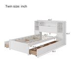 Wooden Storage Bed Bookcase Wingback Bed with Tall Bookcase Headboard, 6 Drawers and Charging Station, No Box Spring Needed